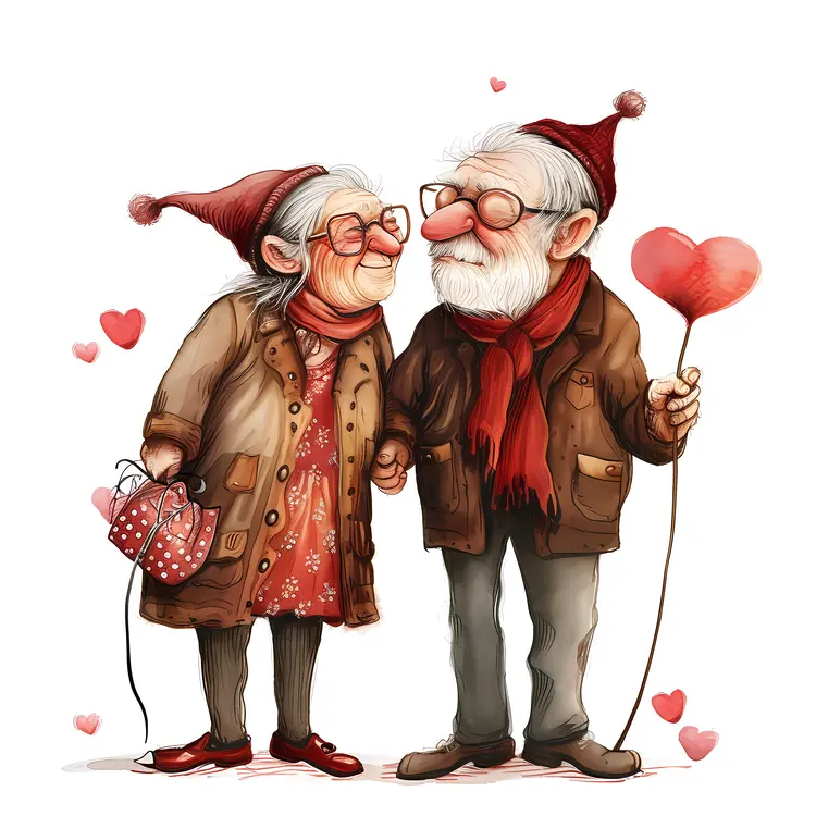 Elderly Couple with Heart Balloon Illustration