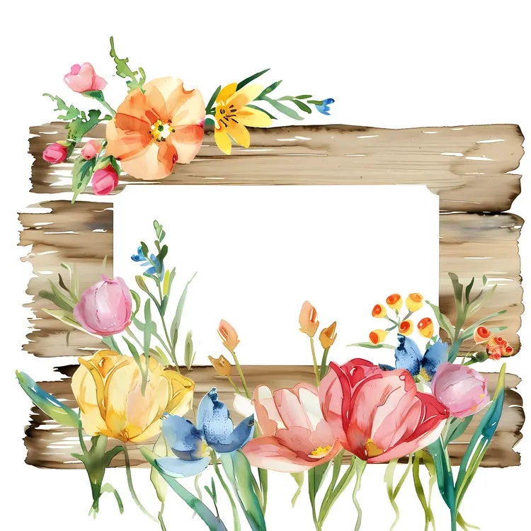 Colorful Floral Frame with Wooden Background