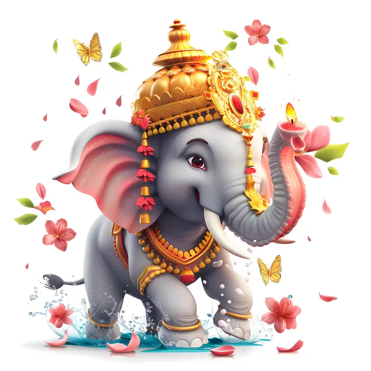 Decorated Elephant with Flowers and Ornaments