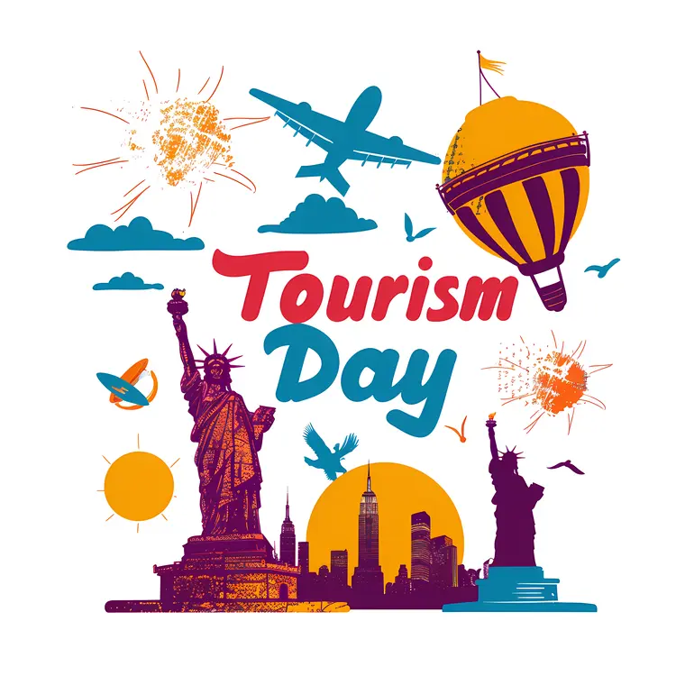 Tourism Day Icons with Statue of Liberty and Hot Air Balloon