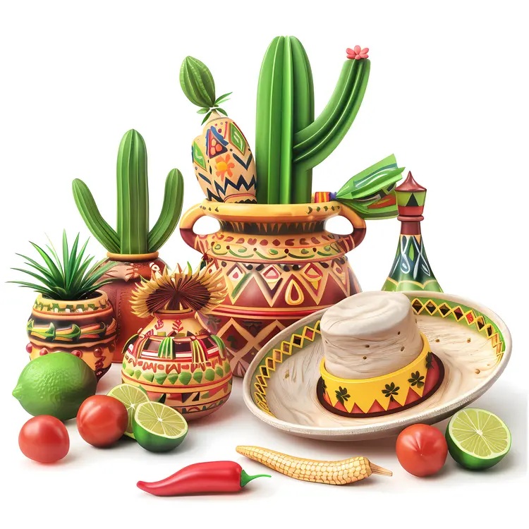 Mexican Pottery with Cactus and Hat