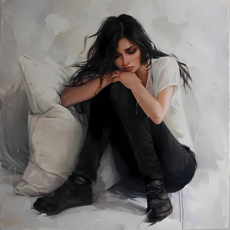 Sad Girl Sitting with Pillow