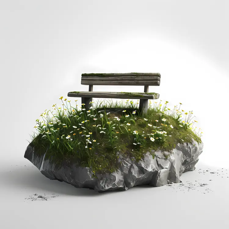 Wooden Bench on Rock with Grass and Flowers