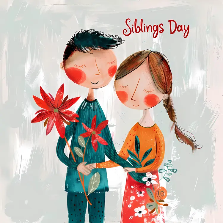 Happy Siblings Holding Flowers for Siblings Day