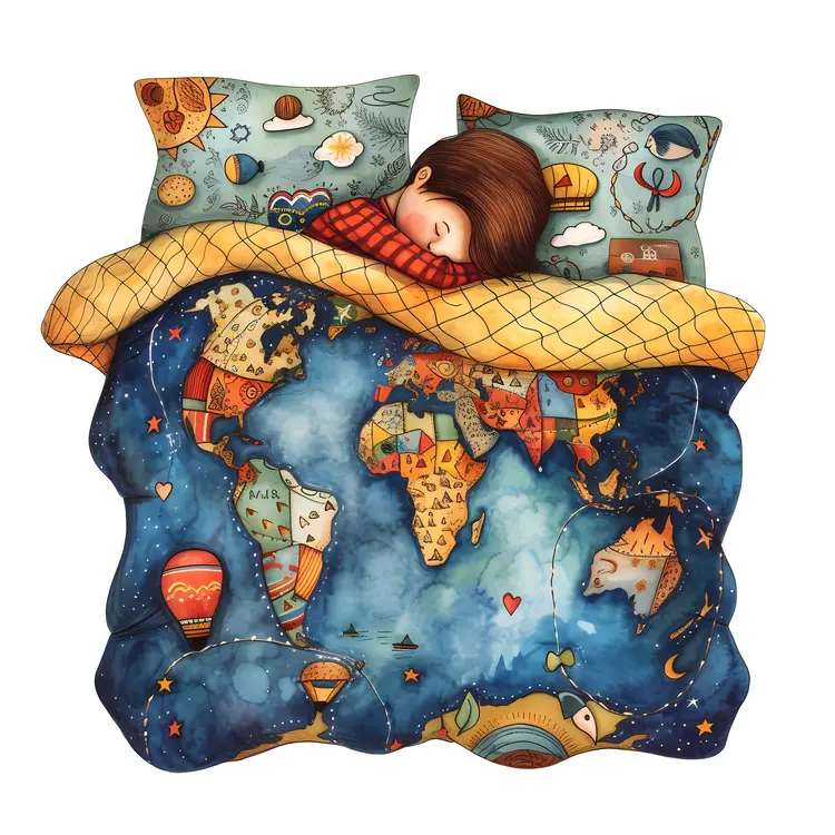 Child Sleeping with World Map Blanket