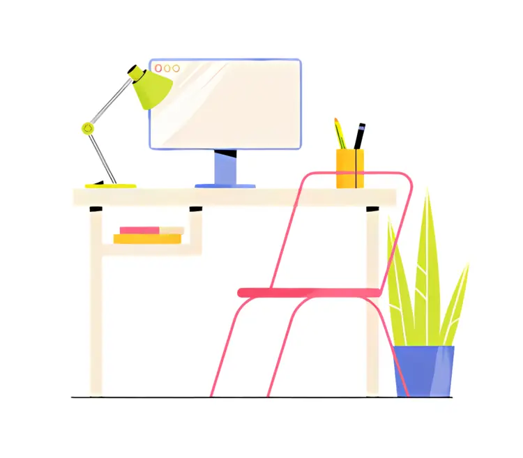 Desk with Computer and Lamp