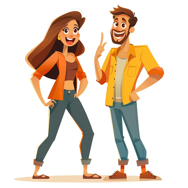 Happy Cartoon Couple in Casual Outfits