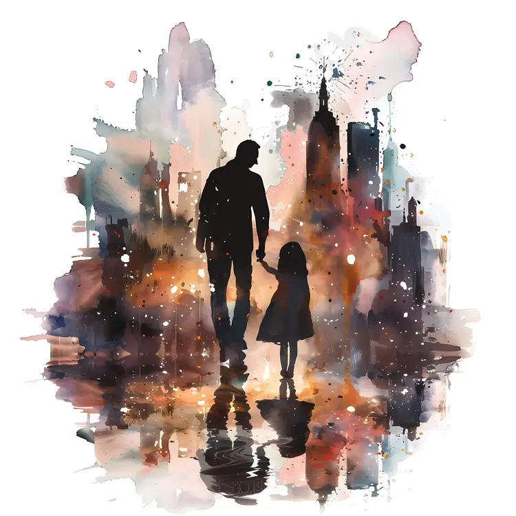 Silhouette of Man and Child in Watercolor Cityscape