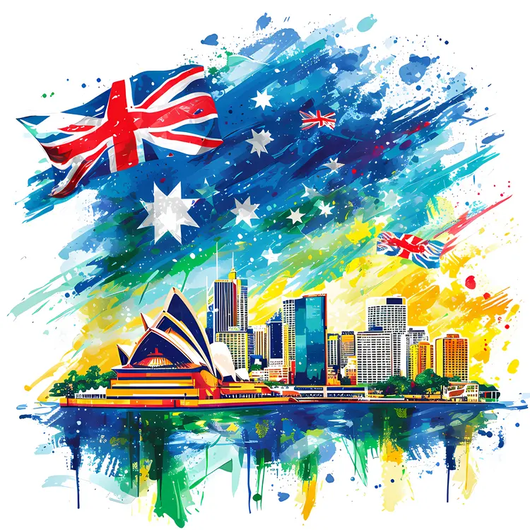 Sydney Skyline with Australian Flag