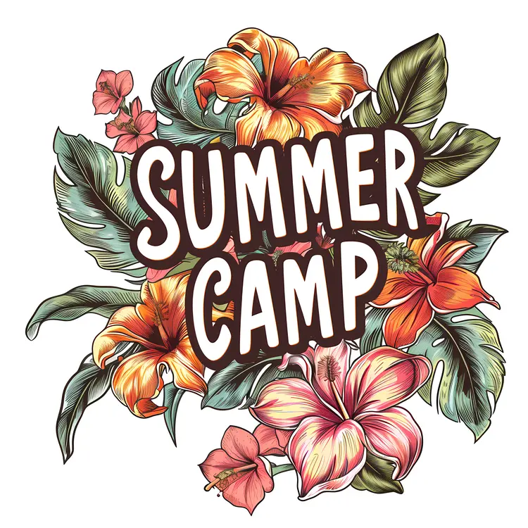 Tropical Flowers and Leaves with Summer Camp Text