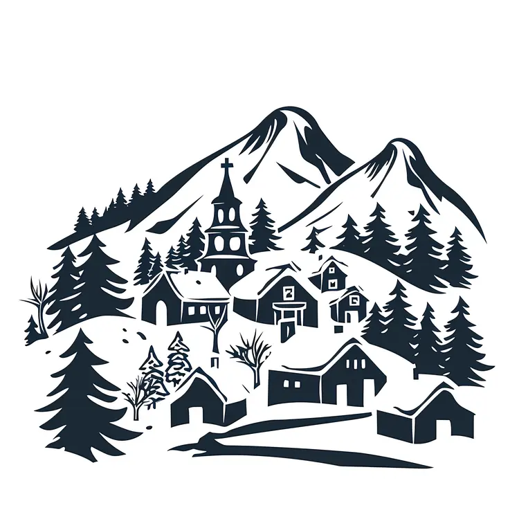 Black and White Snowy Village