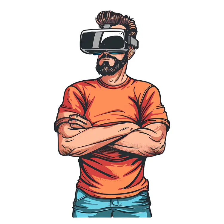 Man with VR Headset in Orange Shirt