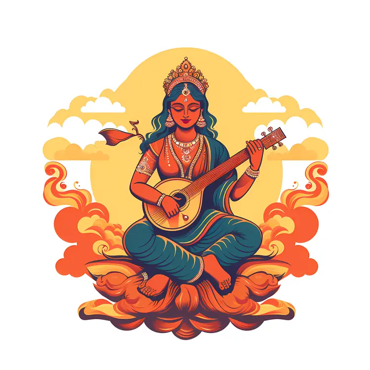 Divine Goddess Playing Veena with Orange Background