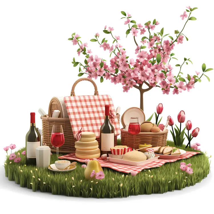 Spring Picnic Setup with Blossoms