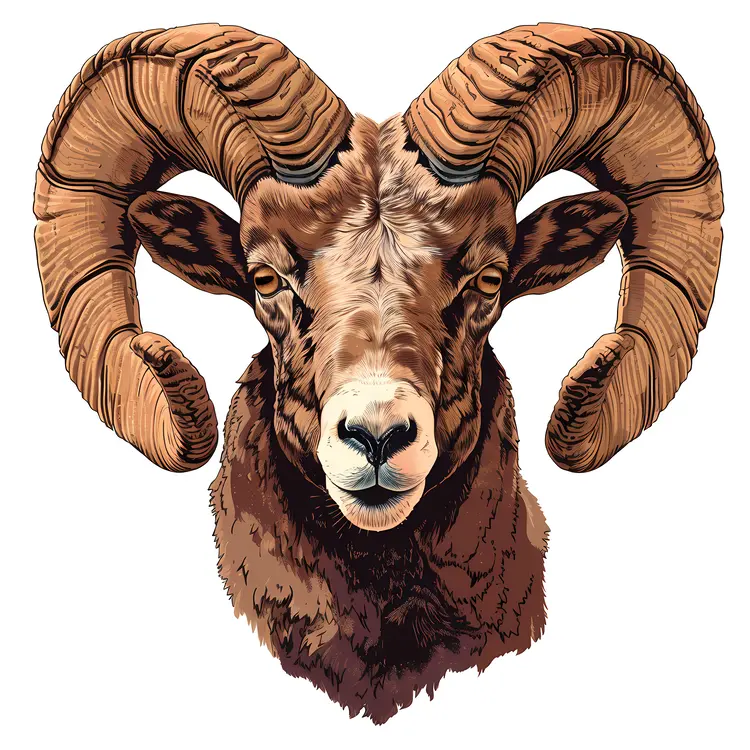 Illustration of a Ram Head with Large Curved Horns
