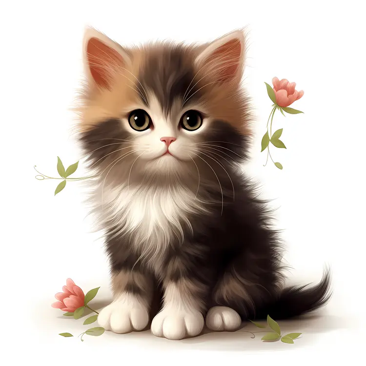 Fluffy Kitten with Flowers
