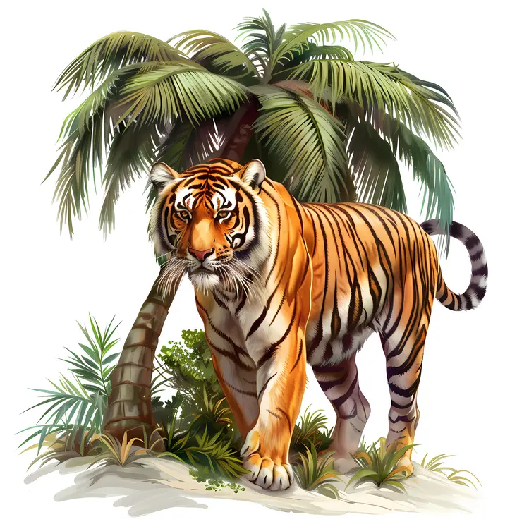 Tiger and Palm Tree in Tropical Jungle