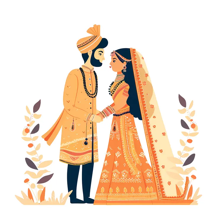 Indian Couple in Traditional Wedding Attire Illustration