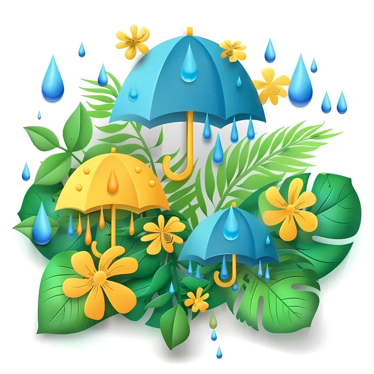 Blue and Yellow Umbrellas with Flowers and Raindrops