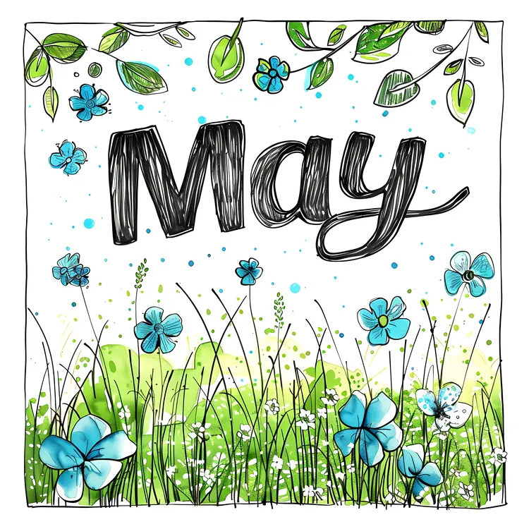 May with Blue Flowers and Green Leaves
