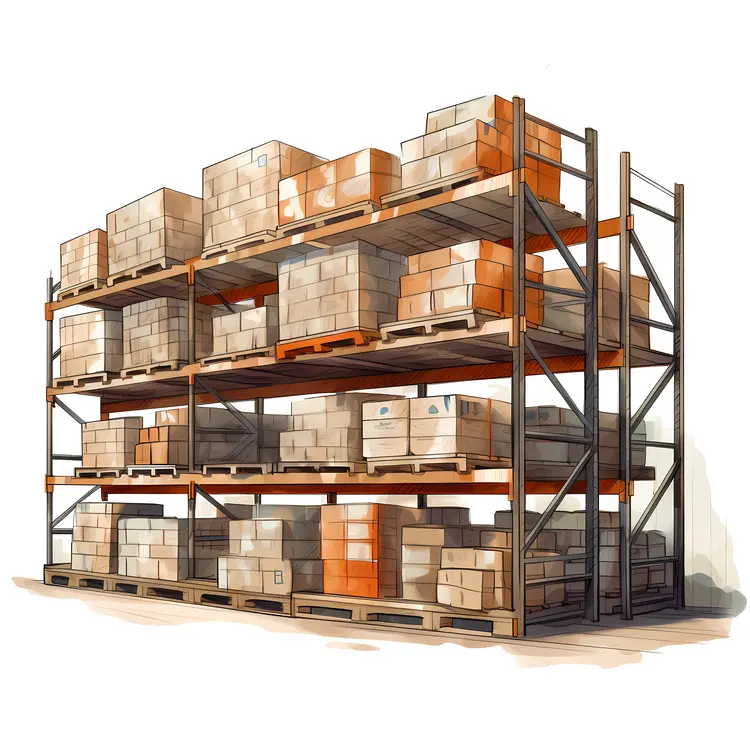 Warehouse Shelves with Boxes and Pallets