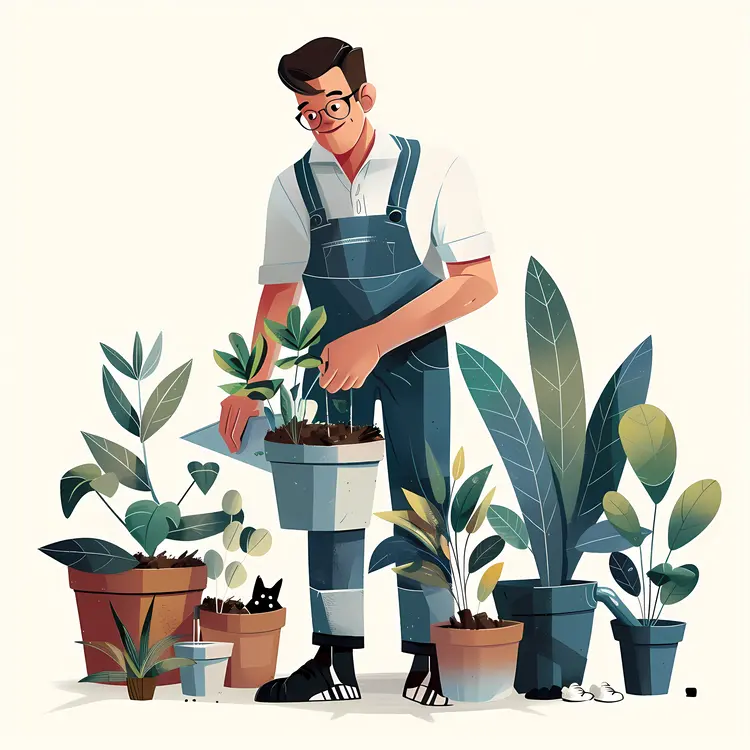 Man Tending to Potted Plants