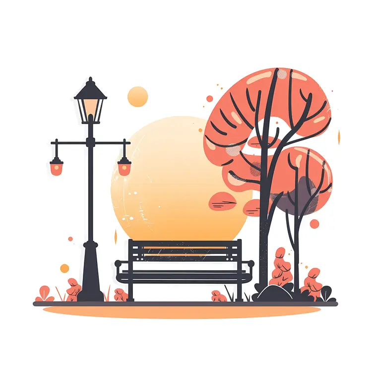 Autumn Park Bench with Lamp Post and Sun