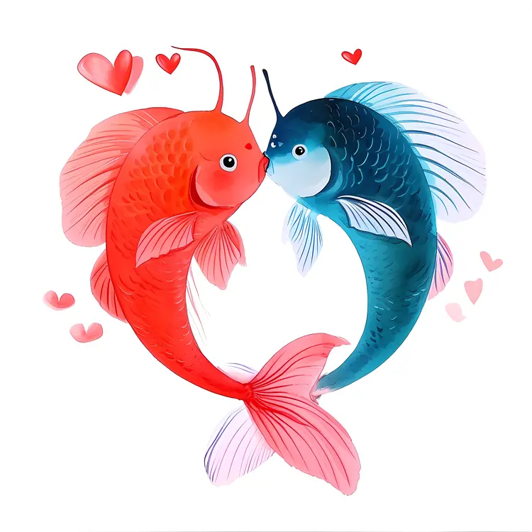 Red and Blue Fish with Hearts