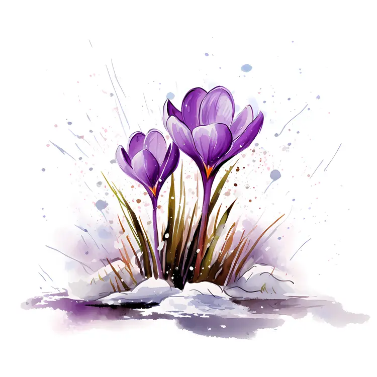 Purple Crocuses in Snowy Ground