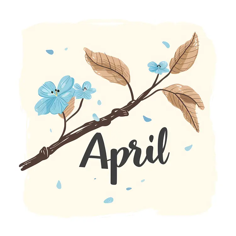 April Text with Branch and Flower Illustration
