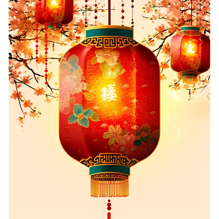 Red Lantern with Floral Design and Cherry Blossoms