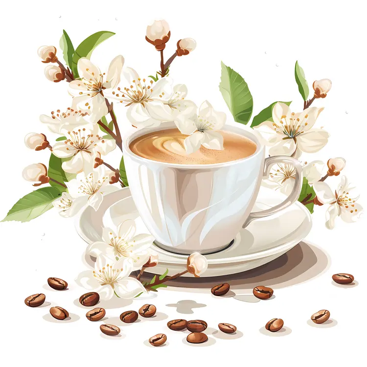 Coffee Cup with Blossoms and Coffee Beans