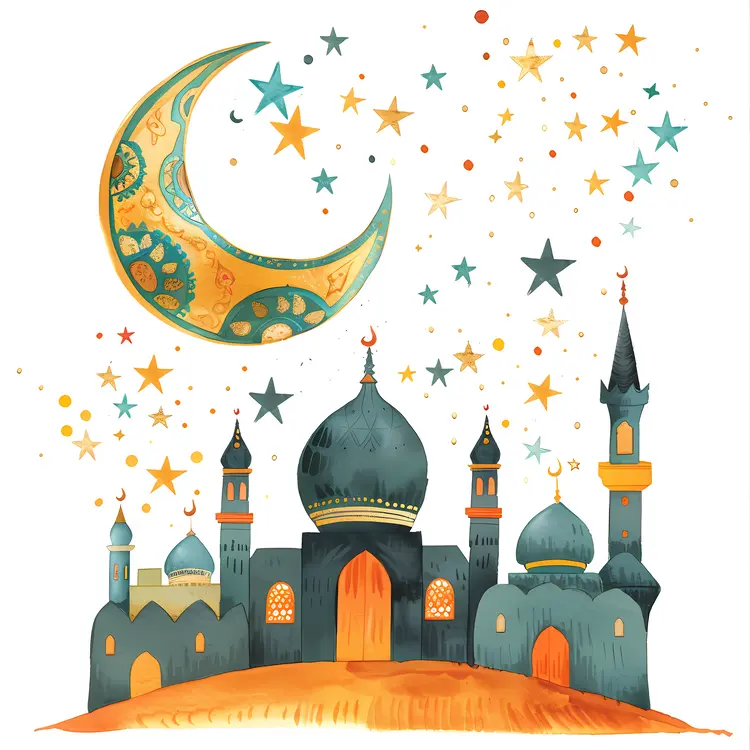 Colorful Mosque with Crescent Moon and Stars