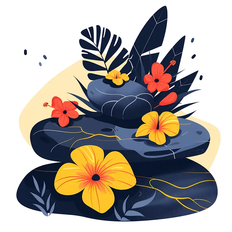 Stacked Stones with Yellow and Red Flowers