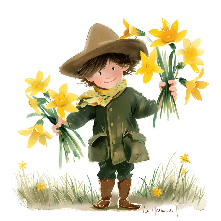 Boy Holding Daffodils in Both Hands
