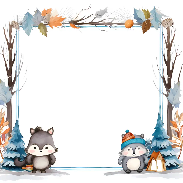 Cute Raccoons in Winter Forest