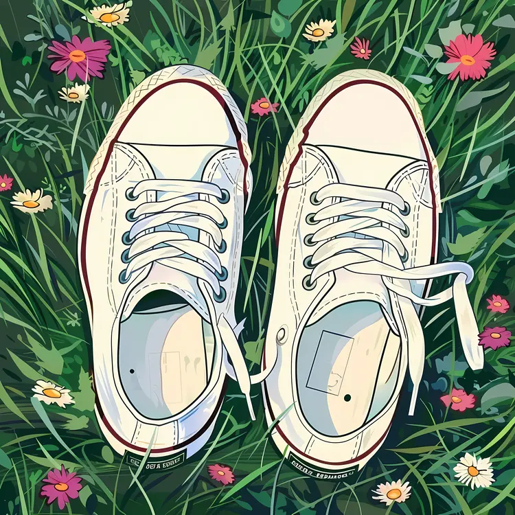 White Sneakers on Grass with Flowers