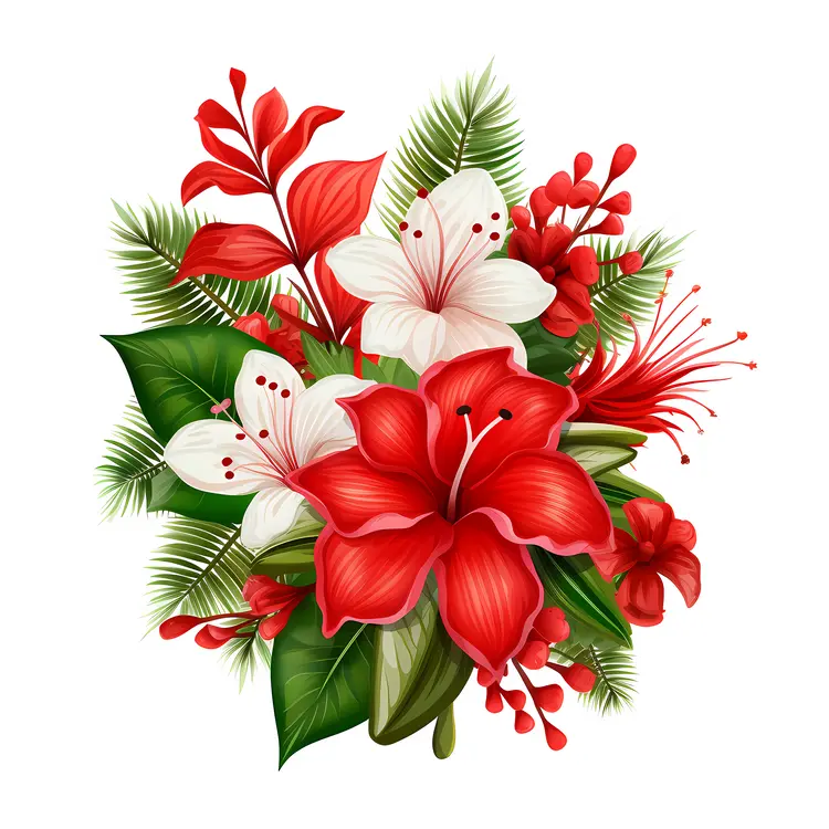 Bouquet of Red and White Tropical Flowers with Green Leaves
