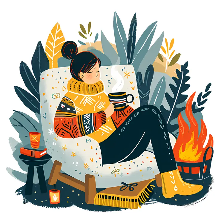 Cozy Woman with Cup by Fireplace