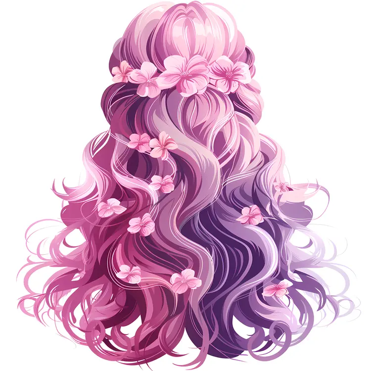 Pink and Purple Curly Hair with Flowers