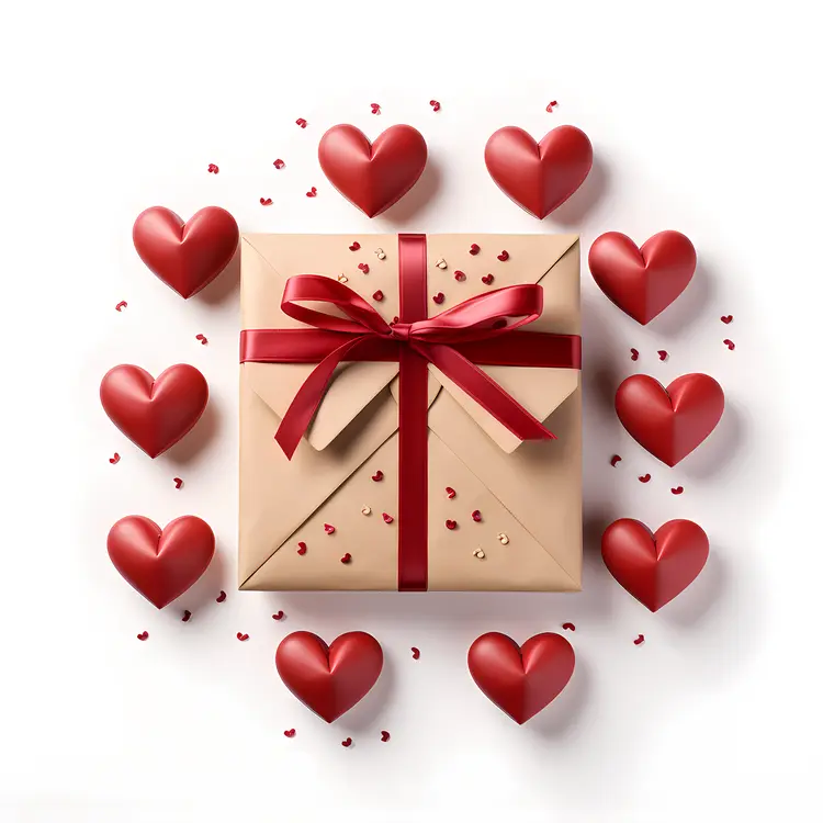 Gift Box with Red Ribbon and Hearts for Valentine's Day