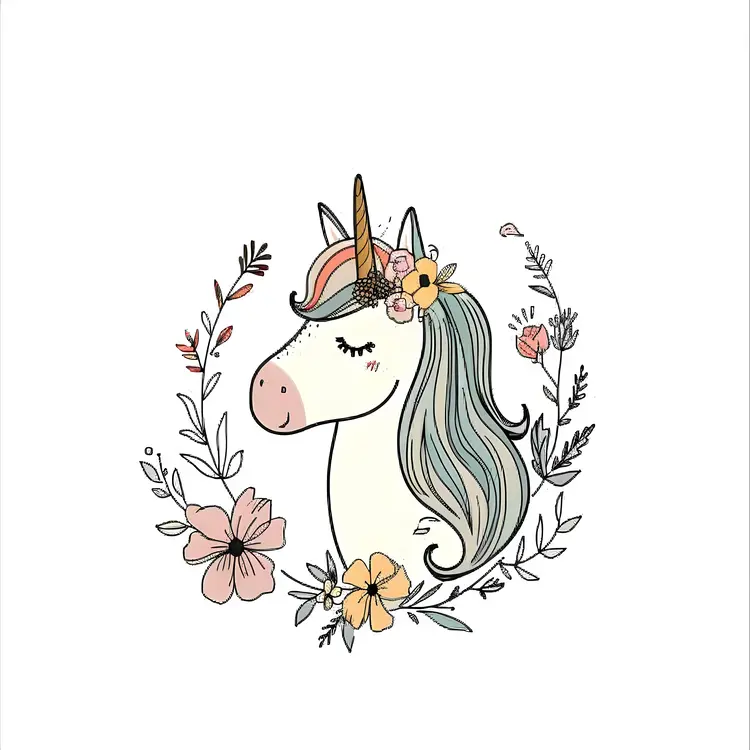 Adorable Unicorn with Floral Wreath