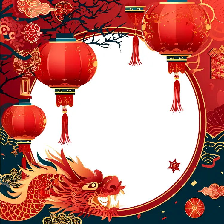 Red Lanterns with Dragon and Floral Decorations