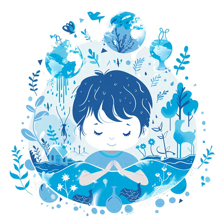 Child with Water and Nature Illustration