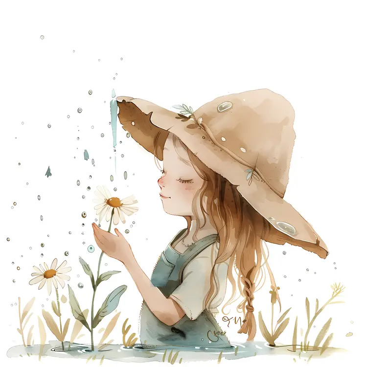 Girl with Hat and Flowers Illustration