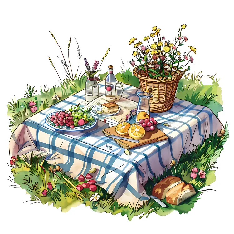 Picnic Table with Food and Flowers
