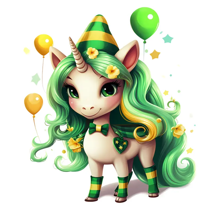 Adorable Unicorn with Green Mane and Balloons