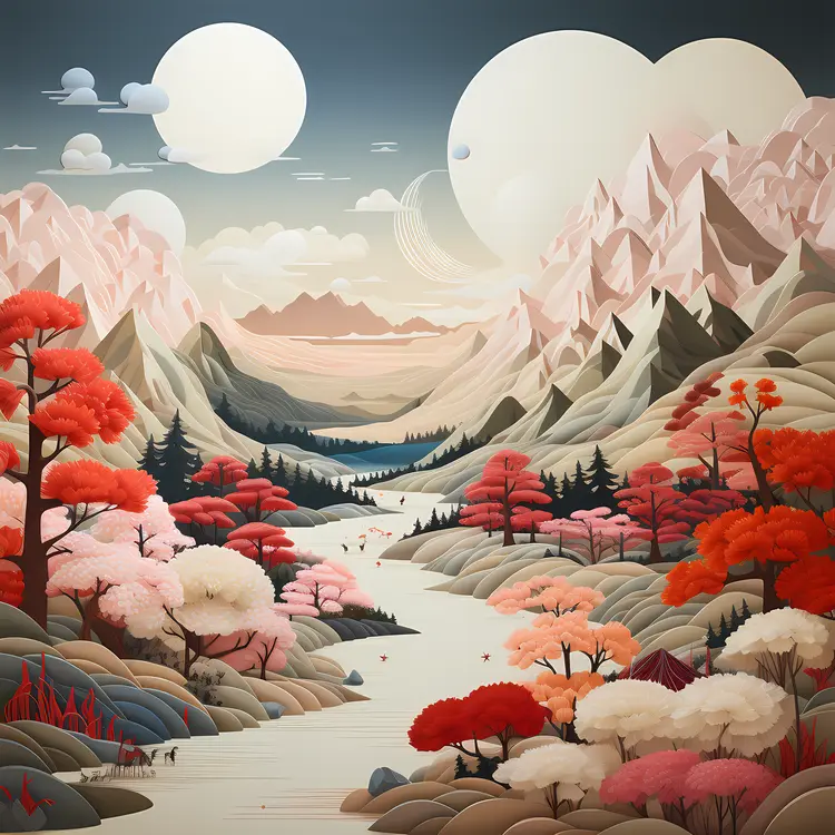 Colorful Landscape with Mountains and Trees