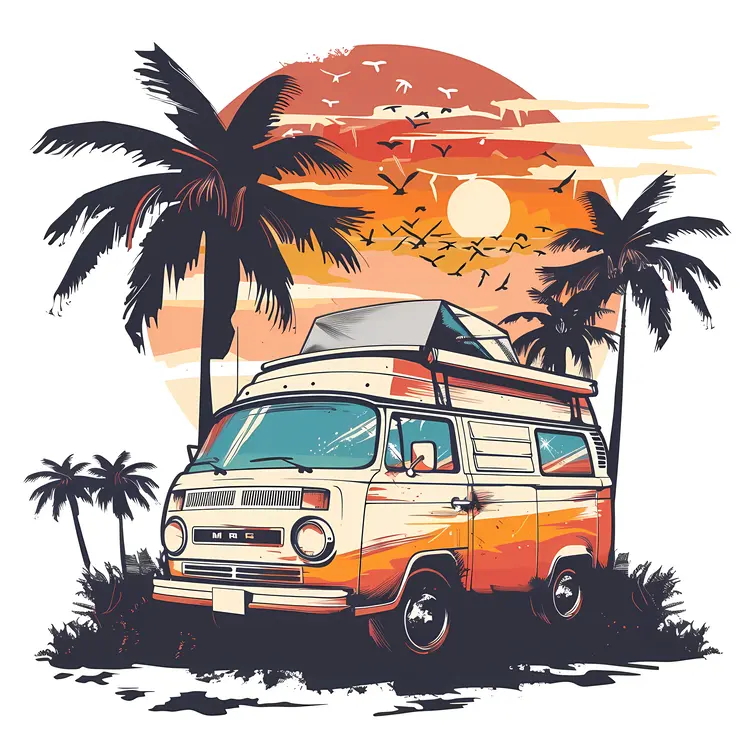 Retro Van at Sunset Beach