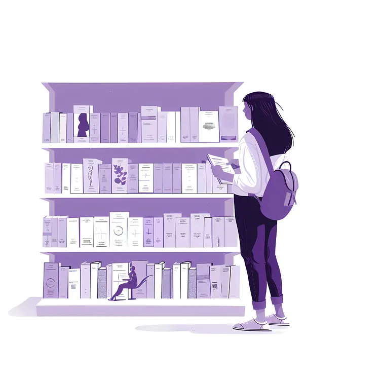 Woman Browsing Books on a Purple Bookshelf